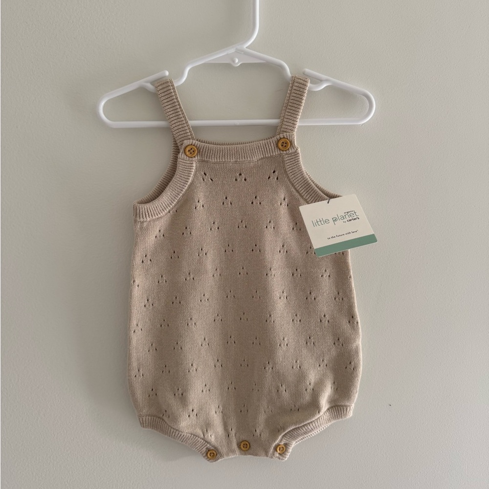 NWT Organic Little Planet Pointelle Tan Knit Baby Overall Bubble Romper